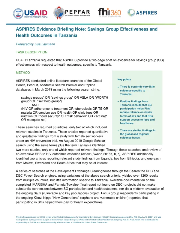 ASPIRES Evidence Briefing Note: Savings Group Effectiveness and Health Outcomes in Tanzania