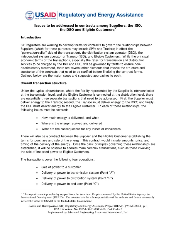 Bosnia and Herzegovina (BiH) Regulatory and Energy Assistance Project (REAP)