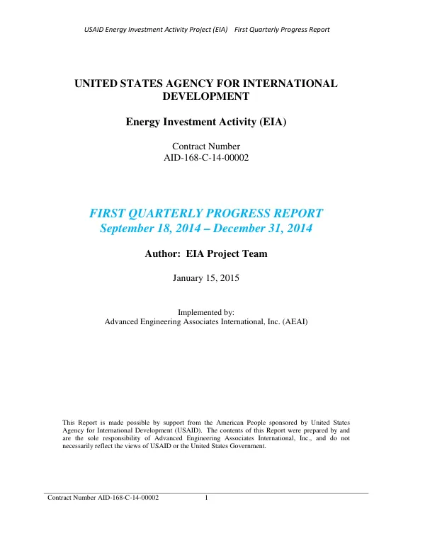 First Quarterly Progress Report: Energy Investment Activity Project (EIA) in Bosnia and Herzegovina