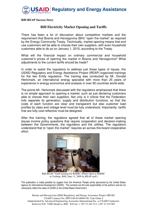 Bosnia and Herzegovina (BiH) Regulatory and Energy Assistance Project (REAP)