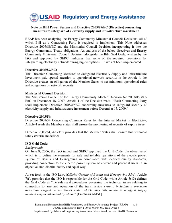 BiH Power System and Directive 2005/89/EC (Directive) concerning measures to safeguard of electricity supply and infrastructure investment