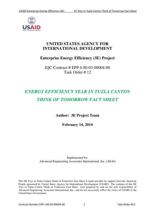 USAID Enterprise Energy Efficiency (3E) EE Year in Tuzla Canton Think of Tomorrow Fact Sheet
