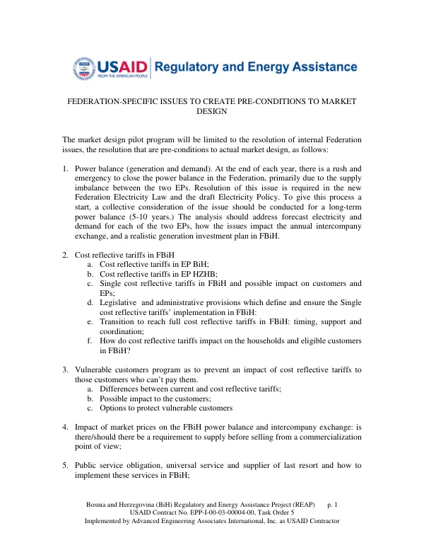 Bosnia and Herzegovina (BiH) Regulatory and Energy Assistance Project (REAP)