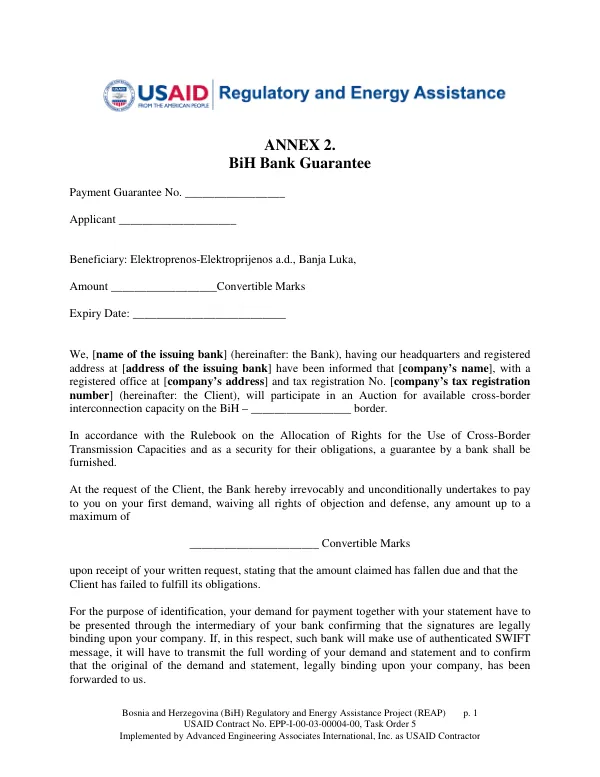 Bosnia and Herzegovina (BiH) Regulatory and Energy Assistance Project (REAP)