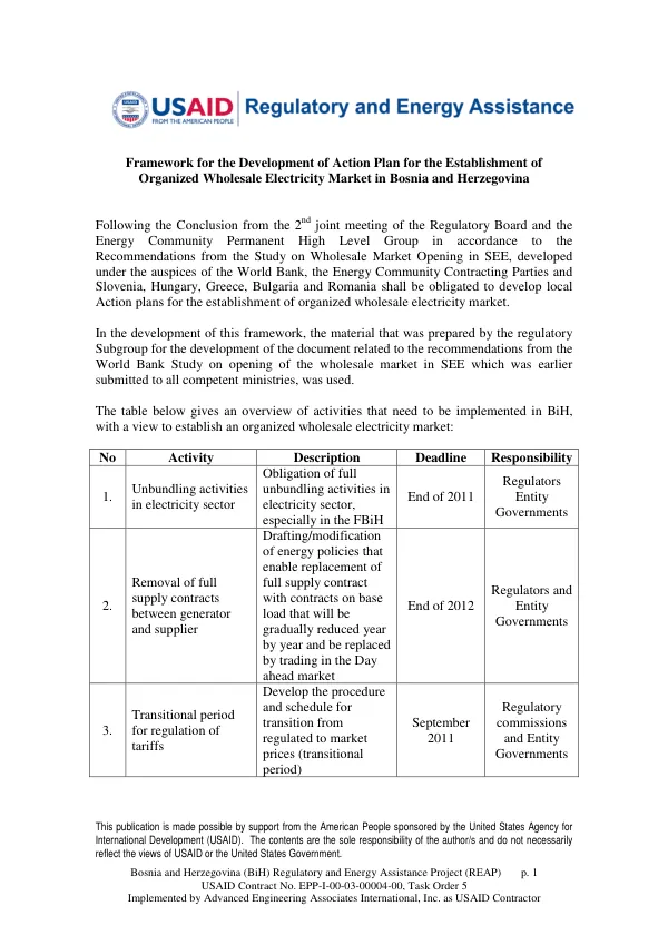 Framework for the Development of Action Plan for the Establishment of Organized Wholesale Electricity Market in Bosnia and Herzegovina