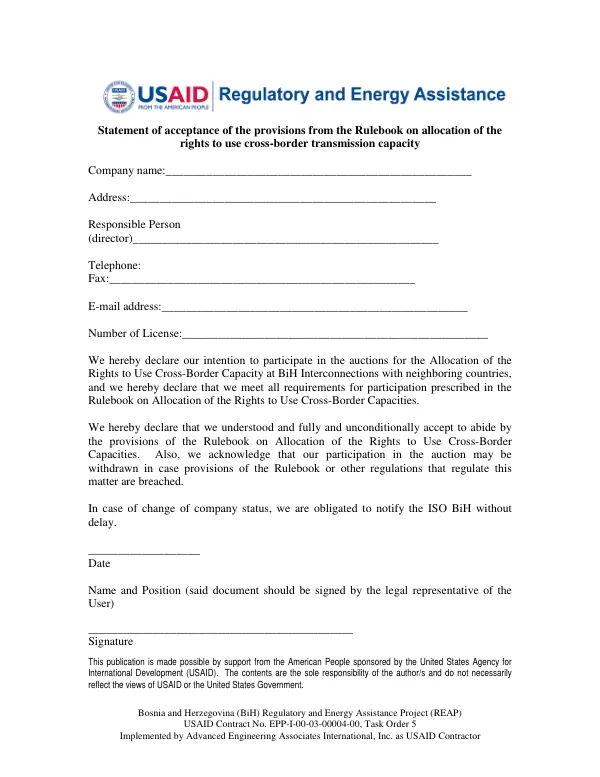 Bosnia and Herzegovina (BiH) Regulatory and Energy Assistance Project (REAP)