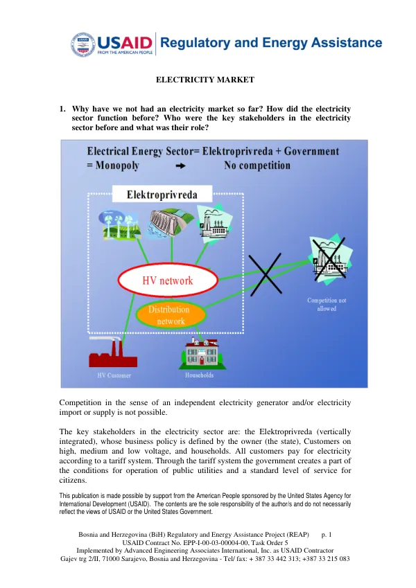 Bosnia and Herzegovina (BiH) Regulatory and Energy Assistance Project (REAP)