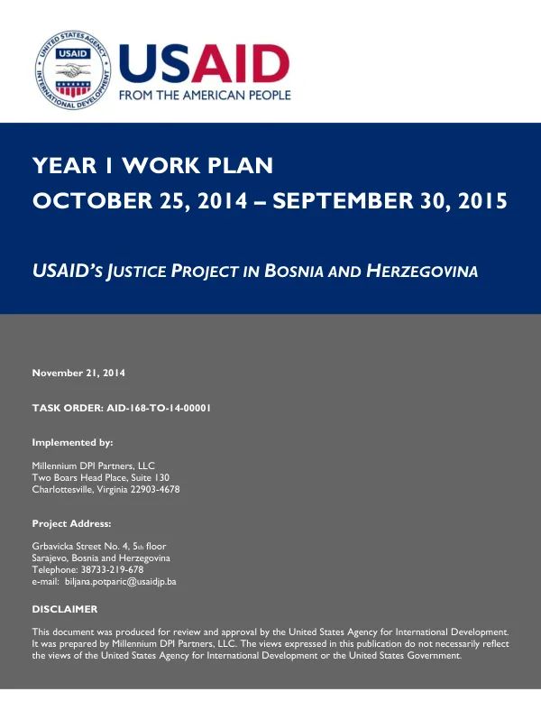 USAID's Justice Project in Bosnia and Herzegovina, Year 1 Work Plan