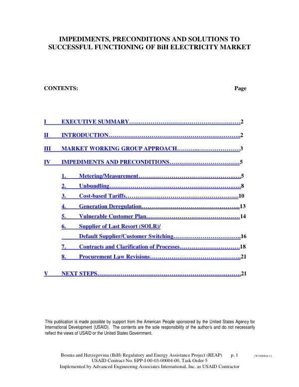 Bosnia and Herzegovina (BiH) Regulatory and Energy Assistance Project (REAP) Draft Policy Paper