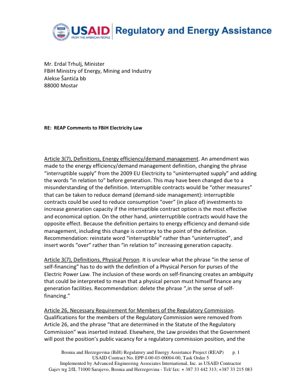 Bosnia and Herzegovina (BiH) Regulatory and Energy Assistance Project (REAP)