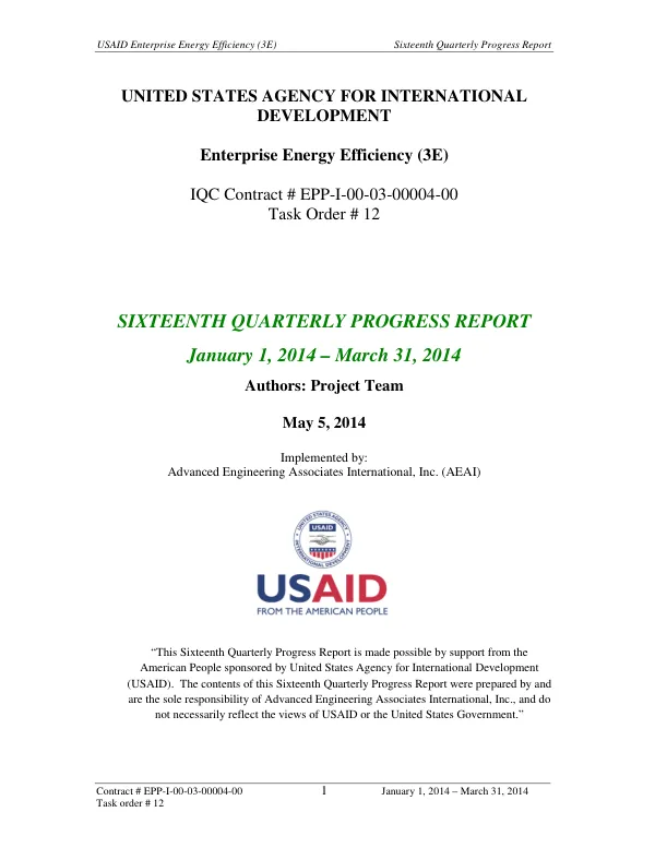Sixteenth Quarterly Progress Report: Enterprise Energy Efficiency (3E)
