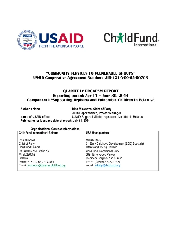Community Services to Vulnerable Groups: OVC Quarterly Report April-June 2014