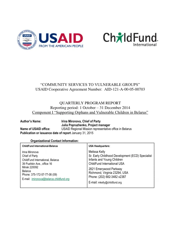 Community Services to Vulnerable Groups: Quarterly Program Report October - December 2014