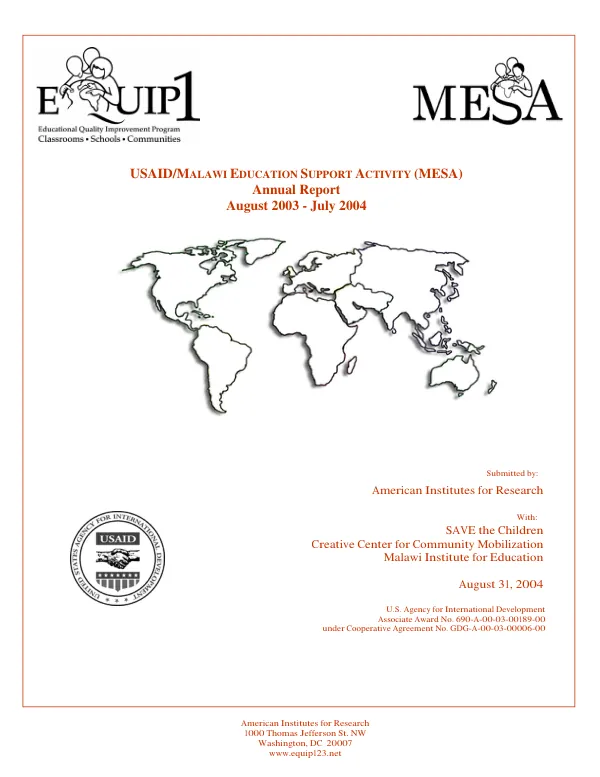 EQUIP1 (educational quality improvement program) : USAID/Malawi education support activity (MESA) : annual report, August 2003-July 2004