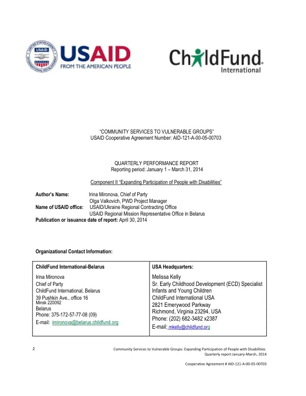 Community Services to Vulnerable Groups: Expanding Participation of People with Disabilities Quarterly report January-March, 2014