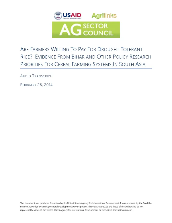 Are Farmers Willing to Pay for Drought Tolerant Rice? Evidence From Bihar and Other Policy Research Priorities for Cereal Farming Systems in South Asia