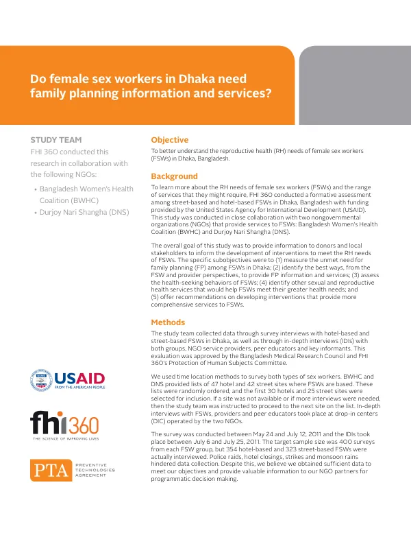 Reproductive Health Needs of Female Sex Workers in Dhaka, Bangladesh