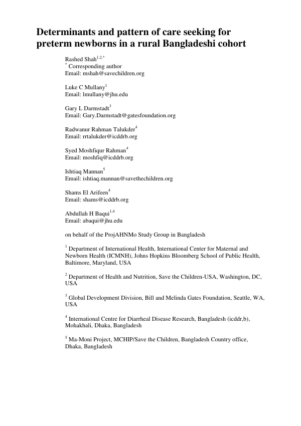 Determinants and pattern of care seeking for preterm newborns in a rural Bangladeshi cohort