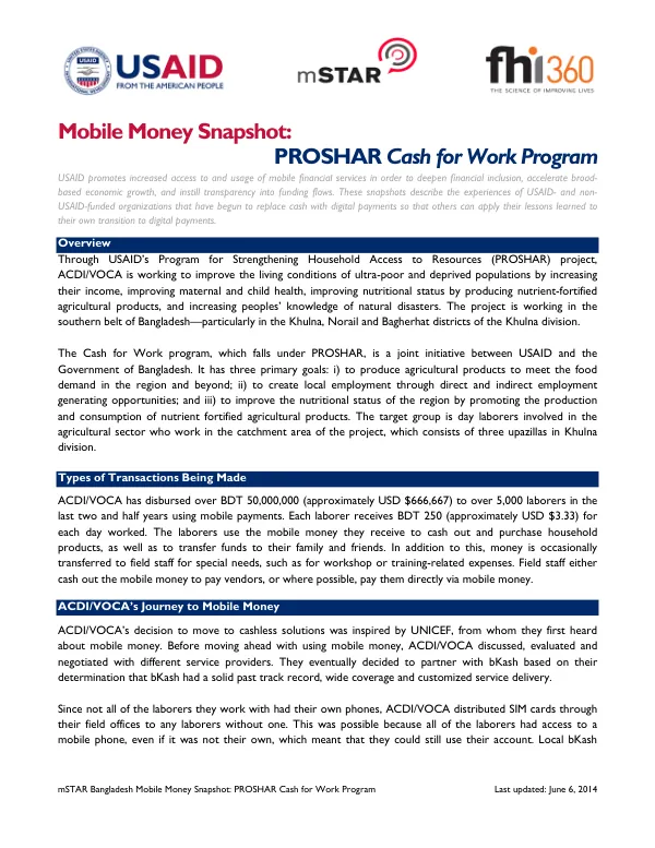 Mobile Money Snapshot: PROSHAR Cash for Work Program