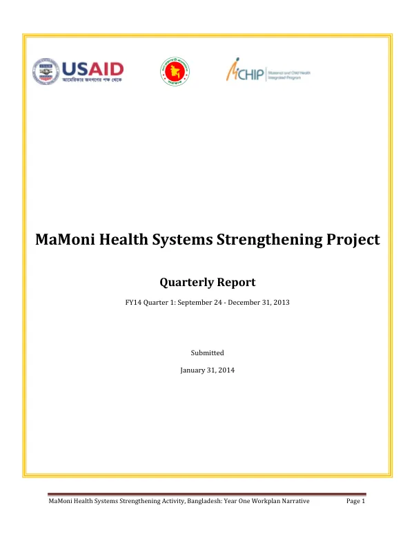 MaMoni Health Systems Strengthening Activity, Bangladesh: Year One Workplan Narrative