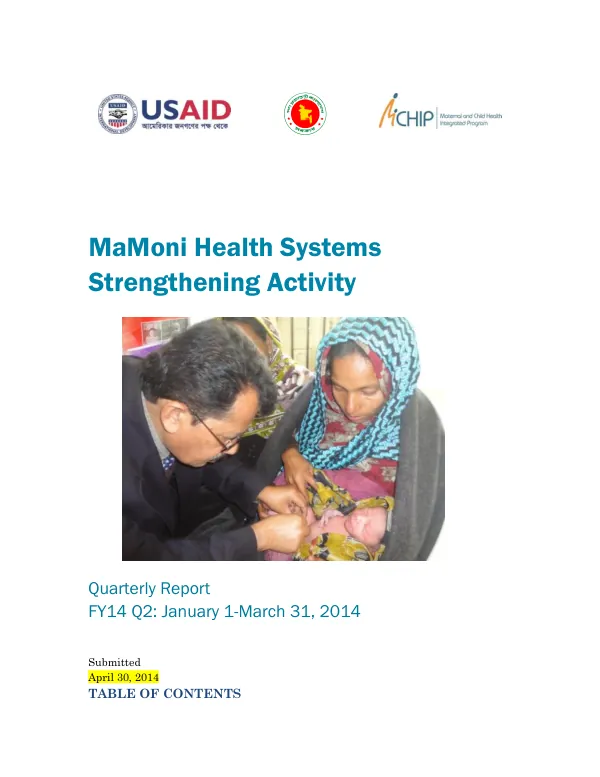 MaMoni Health Systems Strengthening Activity Quarterly Report FY14 Q2