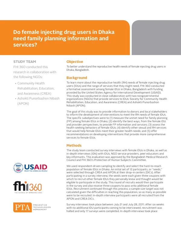 Reproductive Health Needs of Female Injecting Drug Users in Dhaka, Bangladesh