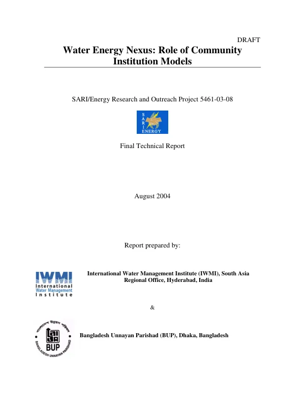 Water energy nexus : role of community institution models -- final technical report, draft