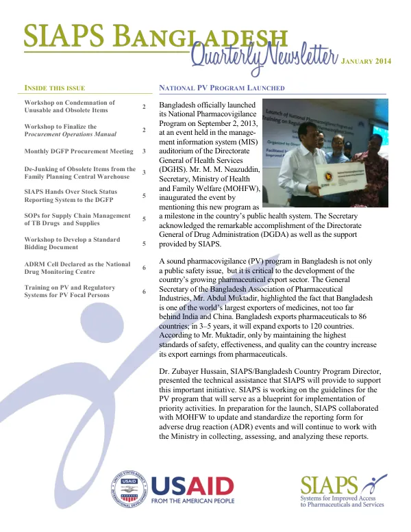 SIAPS Bangladesh Quarterly Newsletter, January 2014
