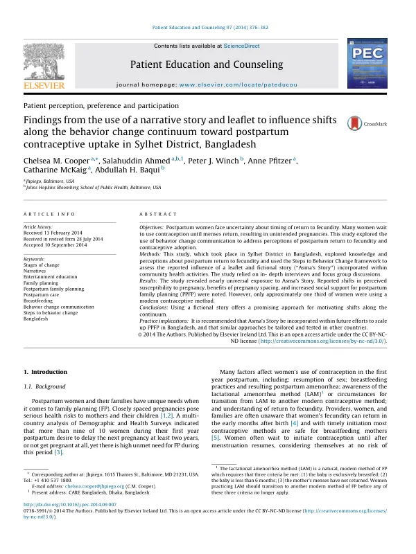 Findings from the use of a narrative story and leaflet to influence shifts along the behavior change continuum toward postpartum contraceptive uptake in Sylhet District, Bangladesh