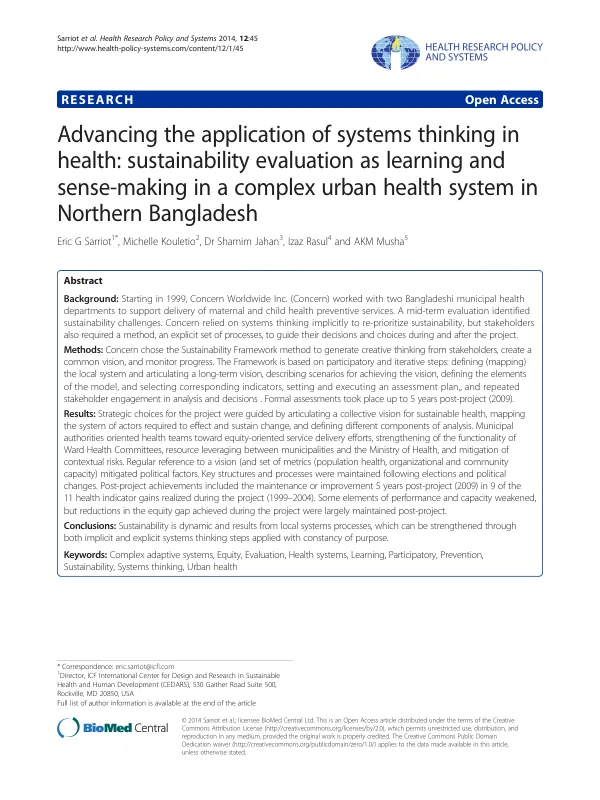 Advancing the application of systems thinking in health: sustainability evaluation as learning and sense-making in a complex urban health system in Northern Bangladesh