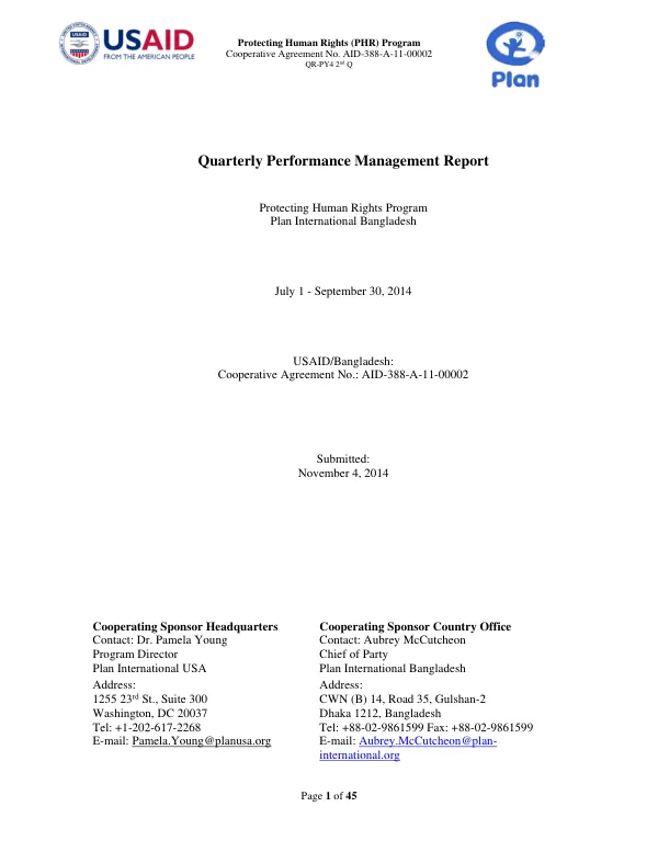 Quarterly Performance Management Report: Protecting Human Rights (PHR) Program