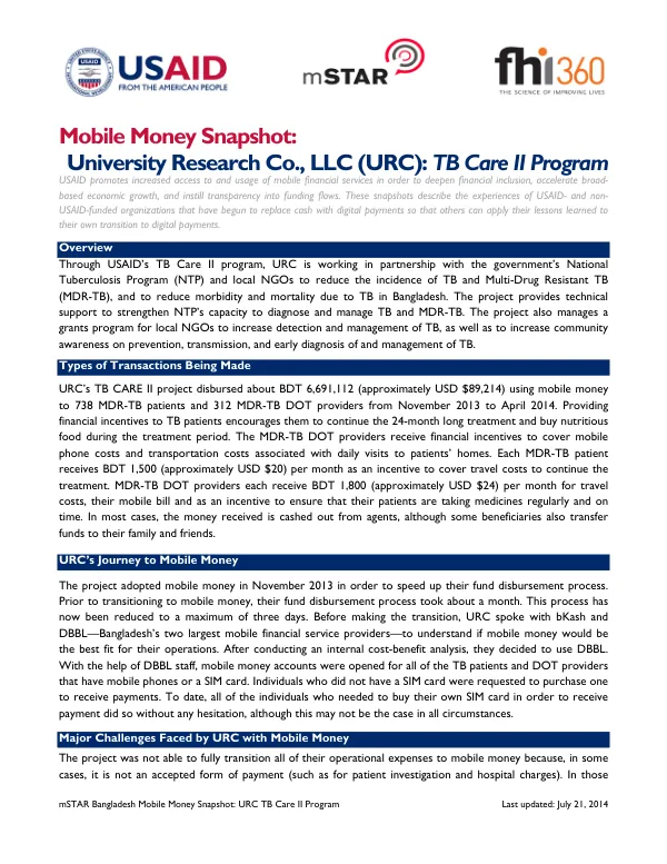Mobile Money Snapshot: URC TB Care II Program
