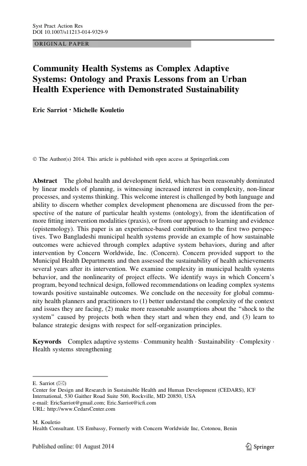 Community Health Systems as Complex Adaptive Systems: Ontology and Praxis Lessons from an Urban Health Experience with Demonstrated Sustainability