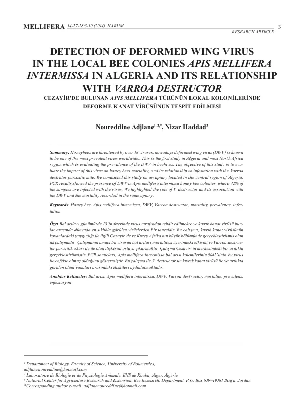 Detection of Deformed Wing Virus in the Local Bee Colonies Apis Mellifera Intermissa in Algeria and Its Relationship with Varroa Destructor