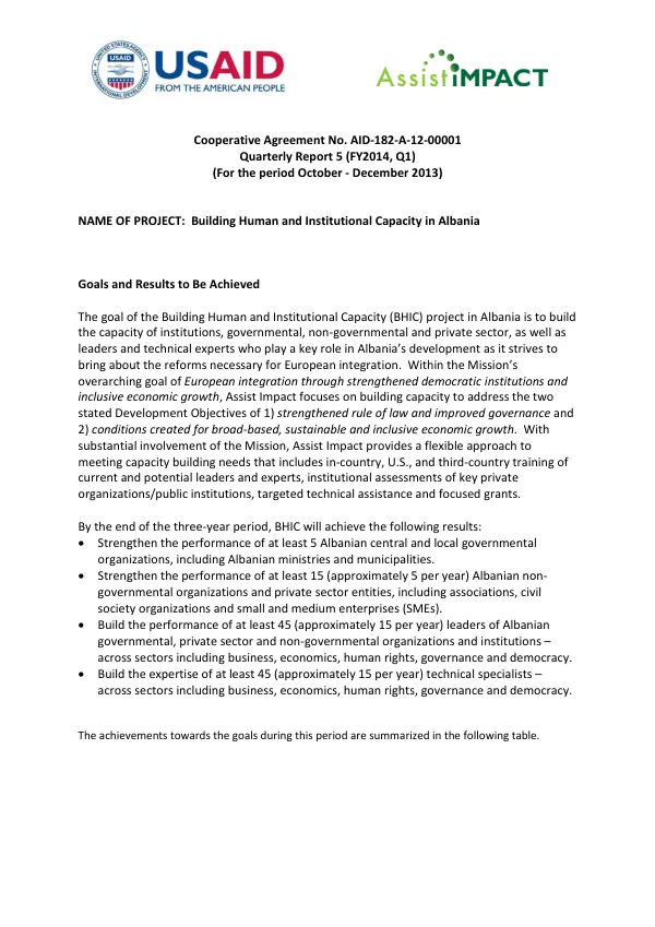 Quarterly Report 5 (FY2014, Q1) for Building Human and Institutional Capacity in Albania