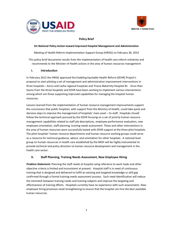 Policy Brief: On National Policy Action toward Improved Hospital Management and Administration