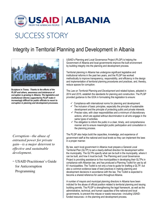 USAID/Albania Success Story: Integrity in Territorial Planning and Development in Albania