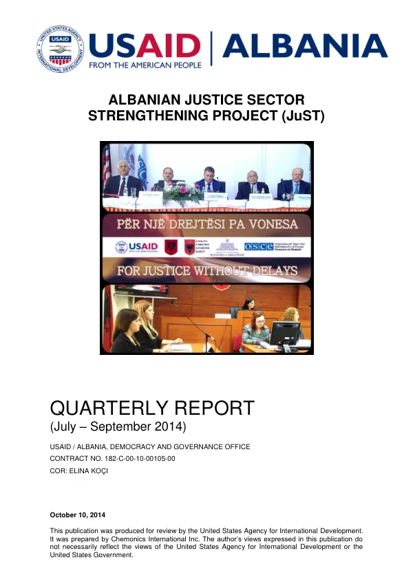 Albanian Justice Sector Strengthening Project (JuST) Quarterly Report for July – September 2014
