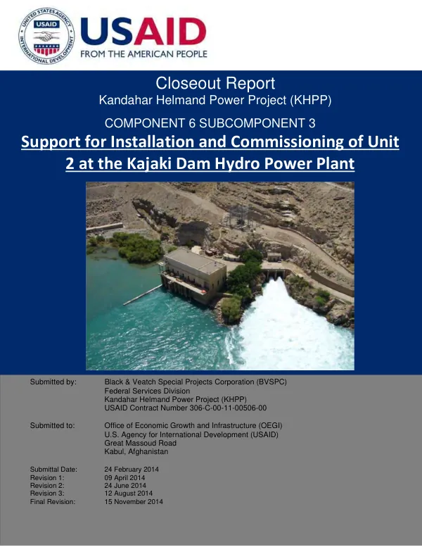 Kandahar Helmand Power Project (KHPP) Closeout Report
