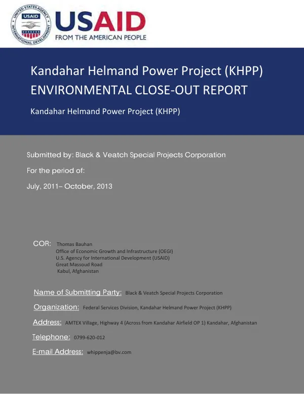 Environmental Close-Out Report for Kandahar Helmand Power Project (KHPP)