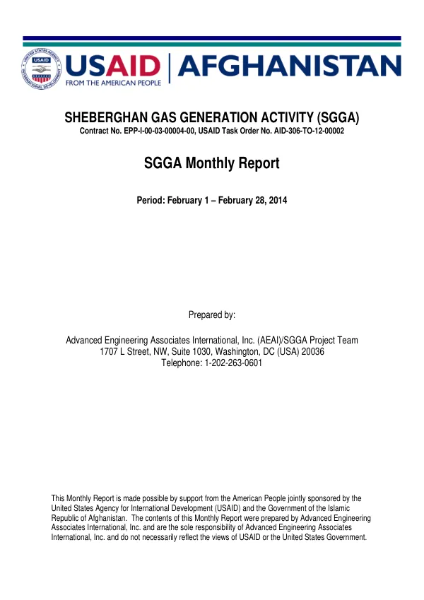 Sheberghan Gas Generation Activity (SGGA) Monthly Report