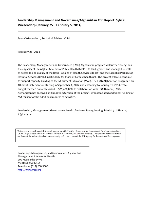 Leadership Management and Governance/Afghanistan Trip Report