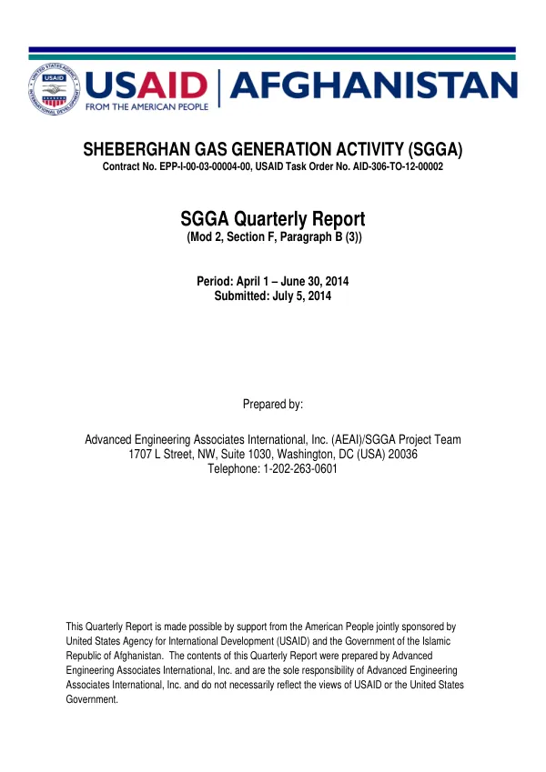 Sheberghan Gas Generation Activity (SGGA) Quarterly Report