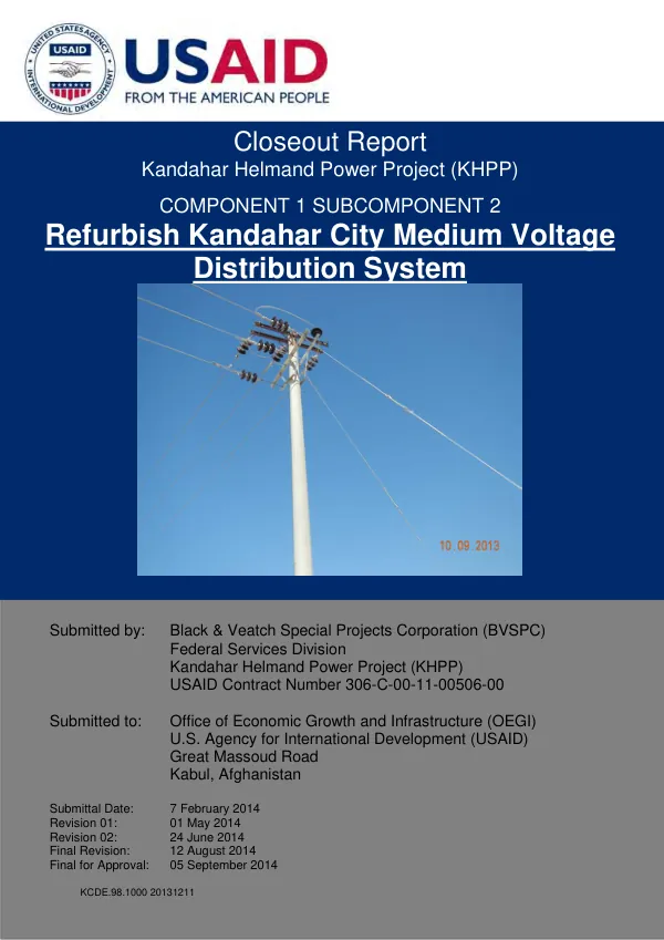 KHPP Subcomponent 1.2 – KCDE Closeout Report