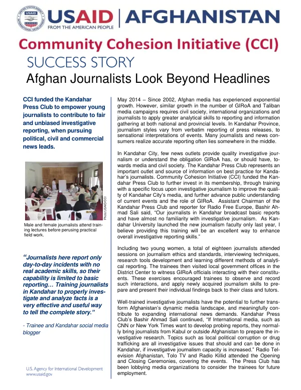 Overview of CCI's Support to the Kandahar Press Club for Investigative Journalism Training