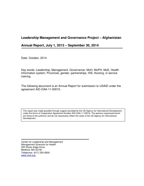 LMG-AF Annual Report: Leadership, Management, and Governance for Afghanistan