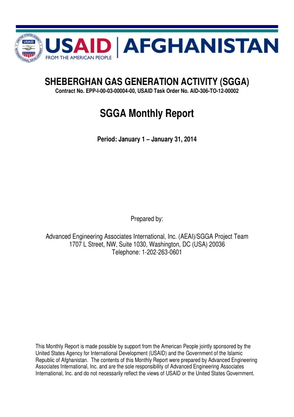 Sheberghan Gas Generation Activity (SGGA) Monthly Report January 1 – January 31, 2014