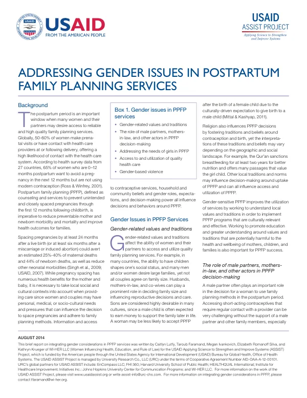 Addressing Gender Issues in Postpartum Family Planning Services