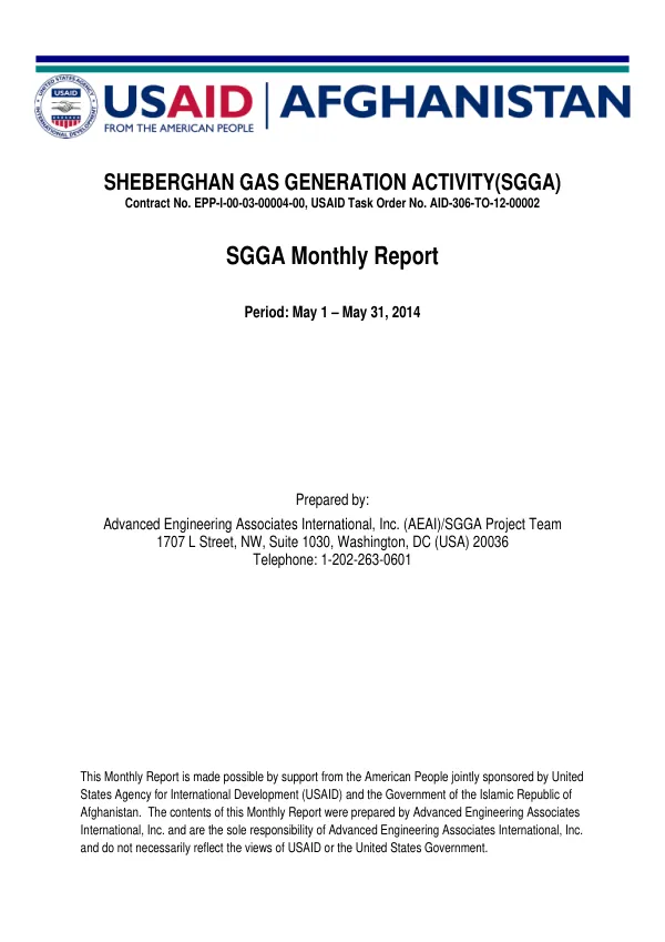 Sheberghan Gas Generation Activity (SGGA) Monthly Report May 1 – May 31, 2014