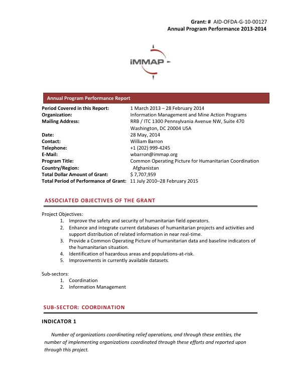 Annual Program Performance 2013-2014: AID-OFDA-G-10-00127